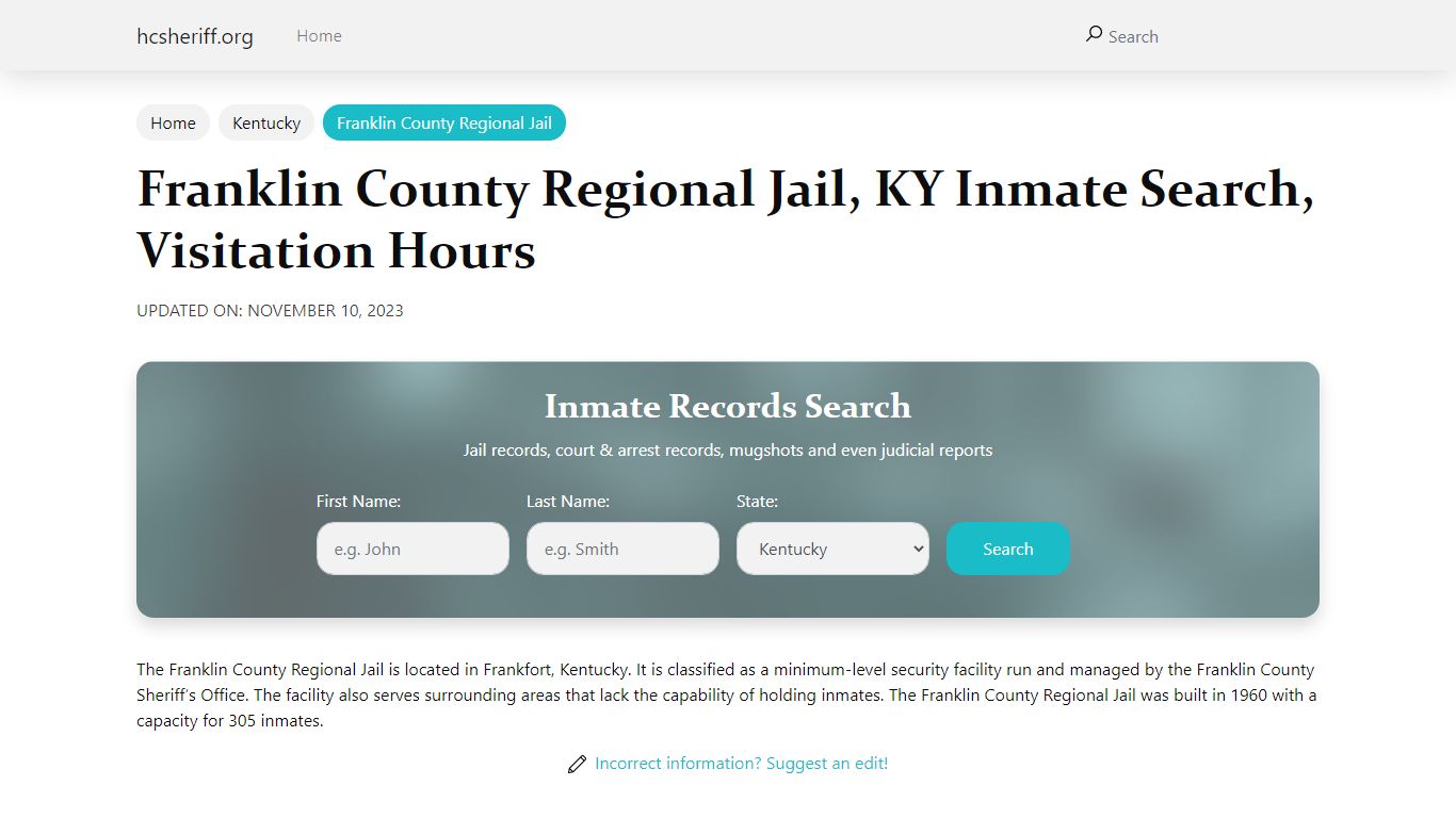 Franklin County Regional Jail, KY Inmate Search, Visitation Hours