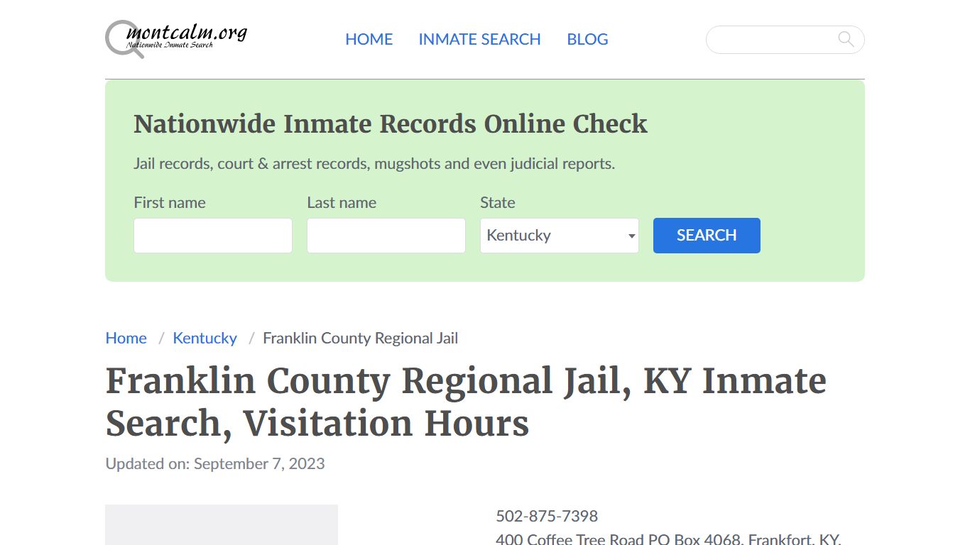 Franklin County Regional Jail, KY Inmate Search, Visitation Hours